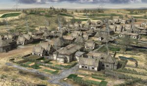 Village celte de Bibracte sur le Mont Beuvray, vers 50 ap. J.-C. / Illustration 3D (AKG5167812)
